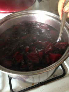 Fruit in a pot of purple pudding
