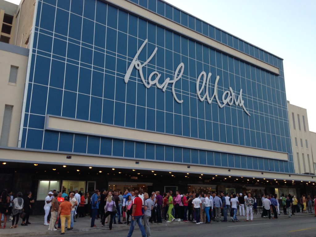 People gather outside Havana's Karl Marx theater for the Gala Against Homophobia and Transphobia